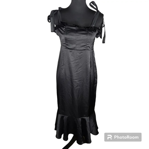 Lulus Black Tie Optional Satin Ruffled Midi Dress - Picture 2 of 12